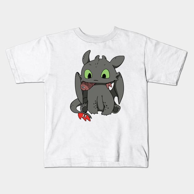 Cute Hungry Toothless, Night fury with fish, Httyd dragon Kids T-Shirt by PrimeStore